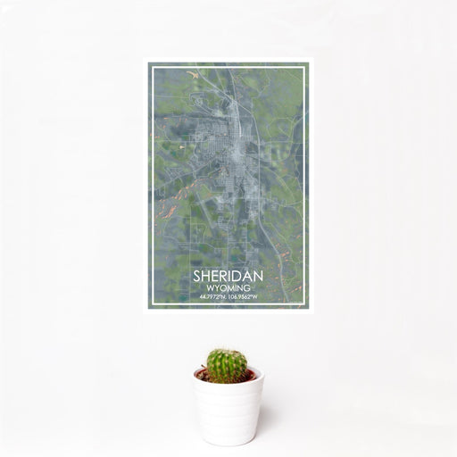 12x18 Sheridan Wyoming Map Print Portrait Orientation in Afternoon Style With Small Cactus Plant in White Planter