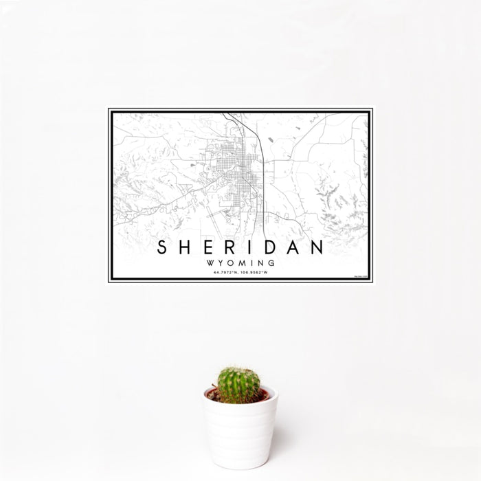 12x18 Sheridan Wyoming Map Print Landscape Orientation in Classic Style With Small Cactus Plant in White Planter