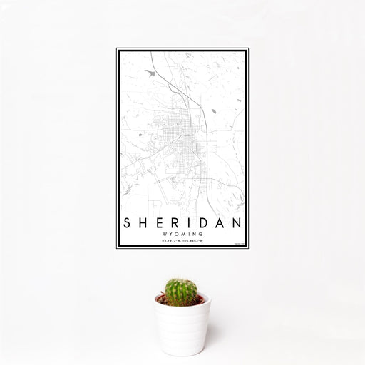 12x18 Sheridan Wyoming Map Print Portrait Orientation in Classic Style With Small Cactus Plant in White Planter
