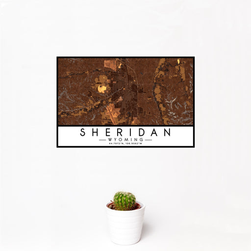 12x18 Sheridan Wyoming Map Print Landscape Orientation in Ember Style With Small Cactus Plant in White Planter