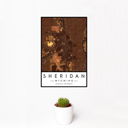12x18 Sheridan Wyoming Map Print Portrait Orientation in Ember Style With Small Cactus Plant in White Planter
