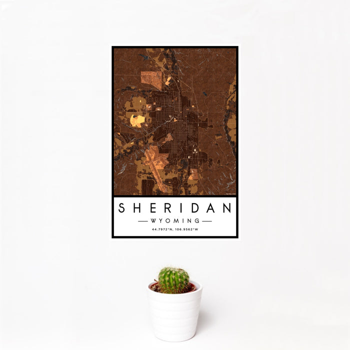 12x18 Sheridan Wyoming Map Print Portrait Orientation in Ember Style With Small Cactus Plant in White Planter