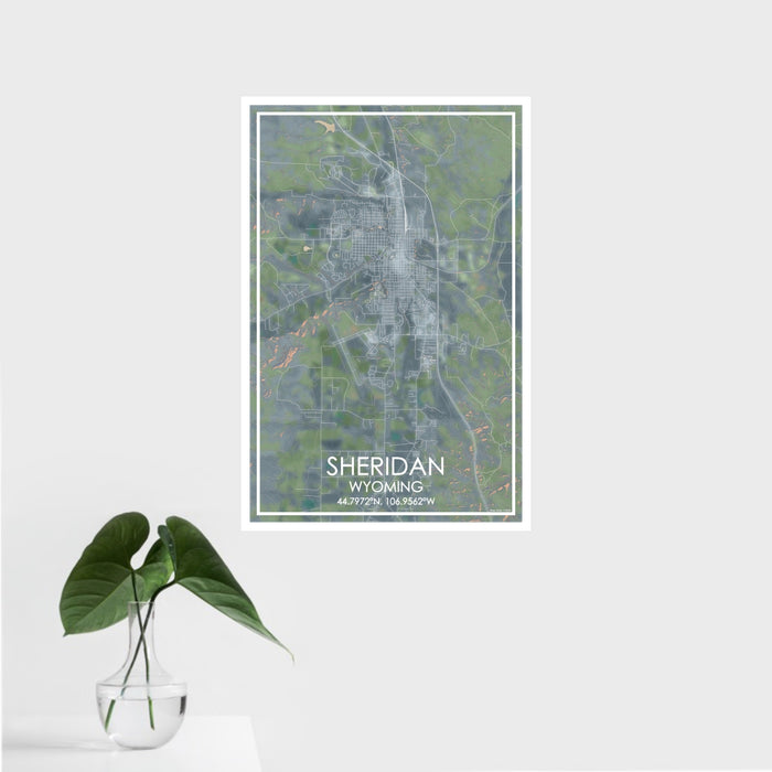 16x24 Sheridan Wyoming Map Print Portrait Orientation in Afternoon Style With Tropical Plant Leaves in Water
