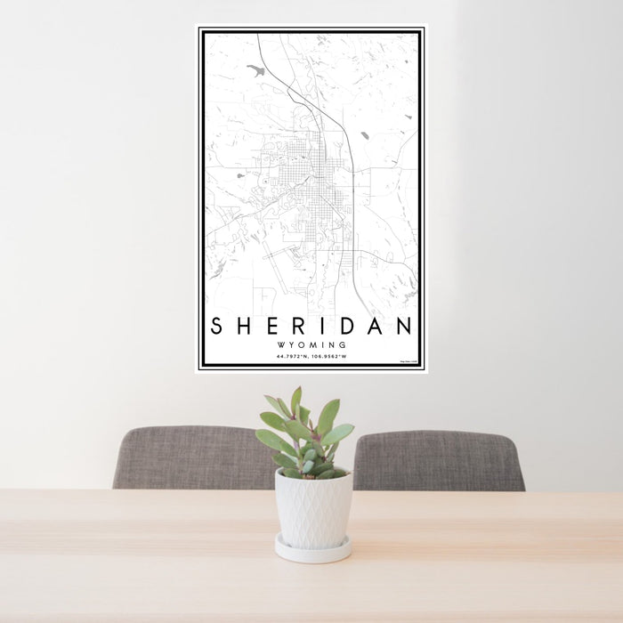24x36 Sheridan Wyoming Map Print Portrait Orientation in Classic Style Behind 2 Chairs Table and Potted Plant