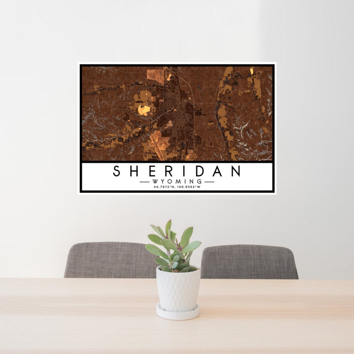 24x36 Sheridan Wyoming Map Print Lanscape Orientation in Ember Style Behind 2 Chairs Table and Potted Plant