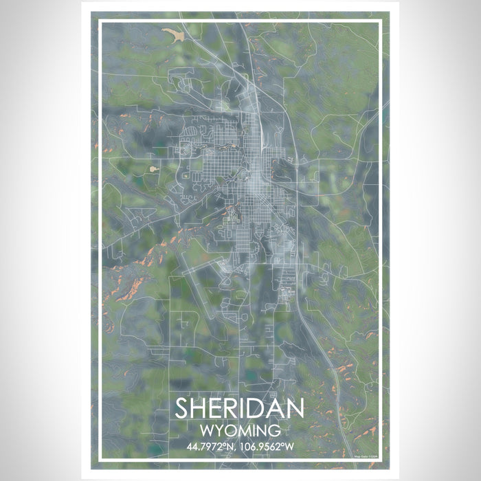 Sheridan Wyoming Map Print Portrait Orientation in Afternoon Style With Shaded Background