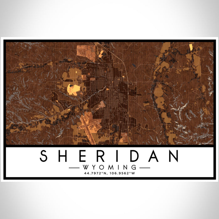Sheridan Wyoming Map Print Landscape Orientation in Ember Style With Shaded Background