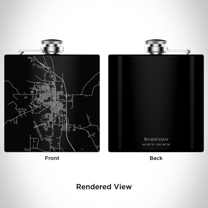 Rendered View of Sheridan Wyoming Map Engraving on 6oz Stainless Steel Flask in Black