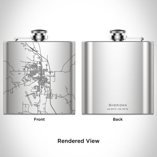 Rendered View of Sheridan Wyoming Map Engraving on 6oz Stainless Steel Flask
