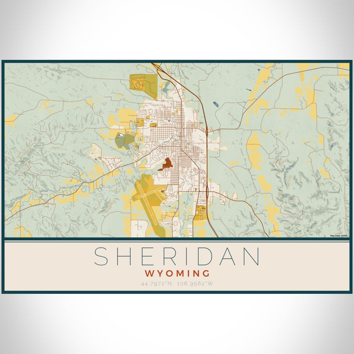 Sheridan Wyoming Map Print Landscape Orientation in Woodblock Style With Shaded Background