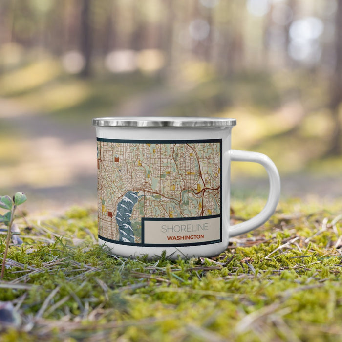 Right View Custom Shoreline Washington Map Enamel Mug in Woodblock on Grass With Trees in Background