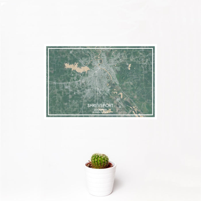 12x18 Shreveport Louisiana Map Print Landscape Orientation in Afternoon Style With Small Cactus Plant in White Planter