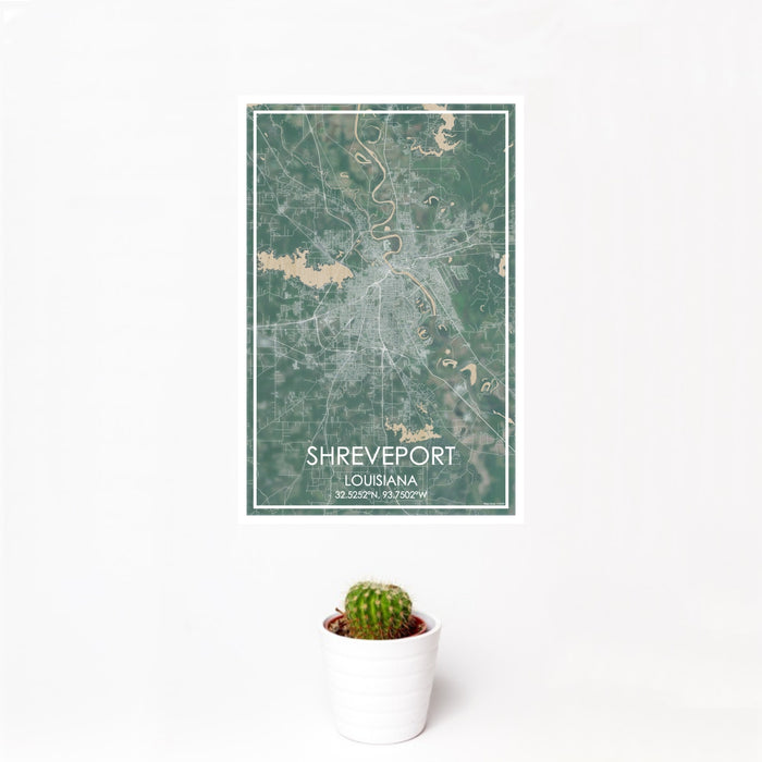 12x18 Shreveport Louisiana Map Print Portrait Orientation in Afternoon Style With Small Cactus Plant in White Planter
