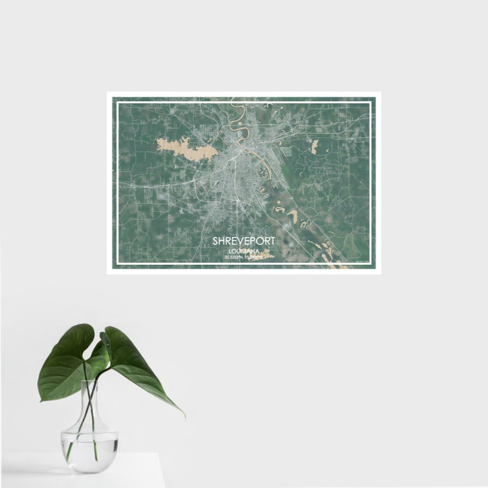 16x24 Shreveport Louisiana Map Print Landscape Orientation in Afternoon Style With Tropical Plant Leaves in Water