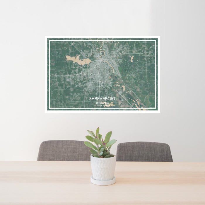 24x36 Shreveport Louisiana Map Print Lanscape Orientation in Afternoon Style Behind 2 Chairs Table and Potted Plant