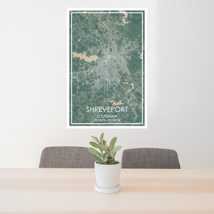 24x36 Shreveport Louisiana Map Print Portrait Orientation in Afternoon Style Behind 2 Chairs Table and Potted Plant