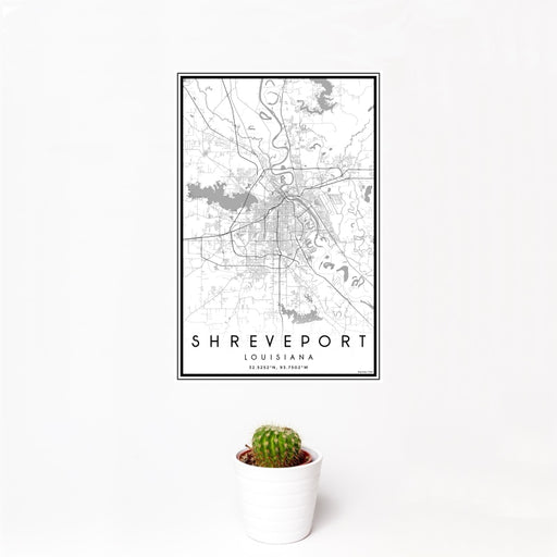 12x18 Shreveport Louisiana Map Print Portrait Orientation in Classic Style With Small Cactus Plant in White Planter