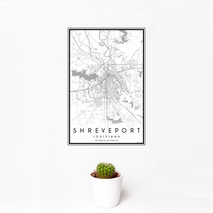 12x18 Shreveport Louisiana Map Print Portrait Orientation in Classic Style With Small Cactus Plant in White Planter