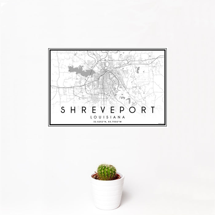 12x18 Shreveport Louisiana Map Print Landscape Orientation in Classic Style With Small Cactus Plant in White Planter