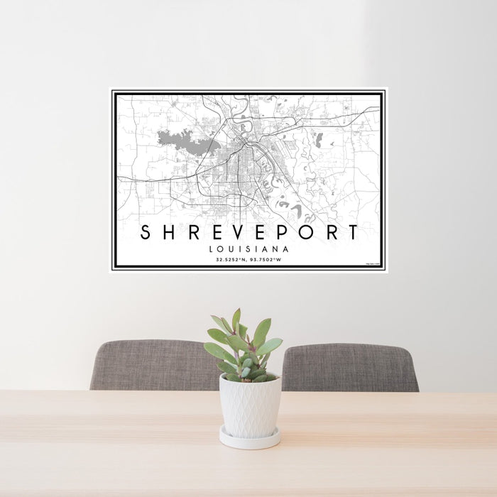 24x36 Shreveport Louisiana Map Print Landscape Orientation in Classic Style Behind 2 Chairs Table and Potted Plant