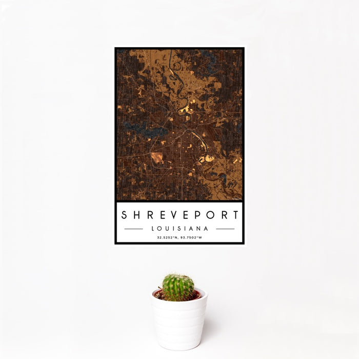 12x18 Shreveport Louisiana Map Print Portrait Orientation in Ember Style With Small Cactus Plant in White Planter