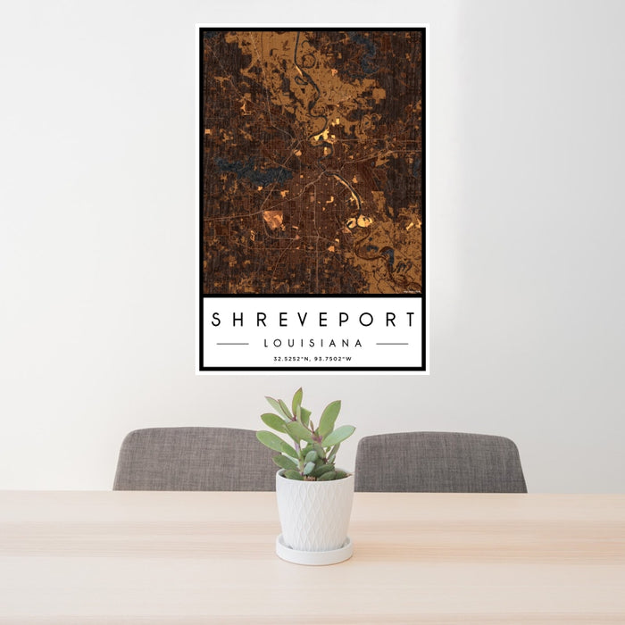 24x36 Shreveport Louisiana Map Print Portrait Orientation in Ember Style Behind 2 Chairs Table and Potted Plant