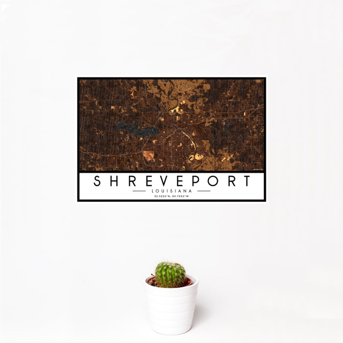 12x18 Shreveport Louisiana Map Print Landscape Orientation in Ember Style With Small Cactus Plant in White Planter