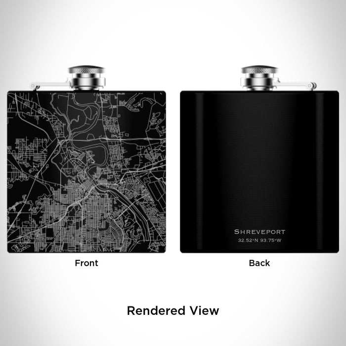 Rendered View of Shreveport Louisiana Map Engraving on 6oz Stainless Steel Flask in Black
