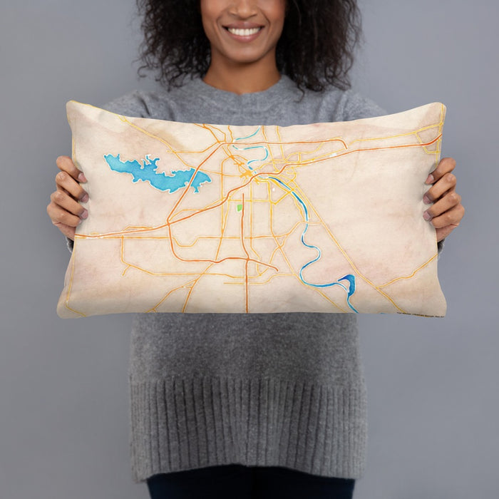 Person holding 20x12 Custom Shreveport Louisiana Map Throw Pillow in Watercolor
