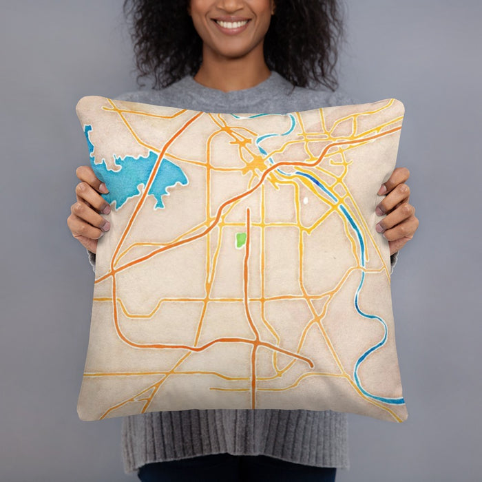 Person holding 18x18 Custom Shreveport Louisiana Map Throw Pillow in Watercolor