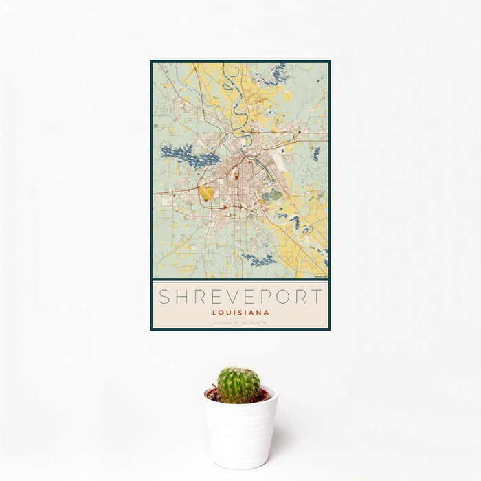 12x18 Shreveport Louisiana Map Print Portrait Orientation in Woodblock Style With Small Cactus Plant in White Planter
