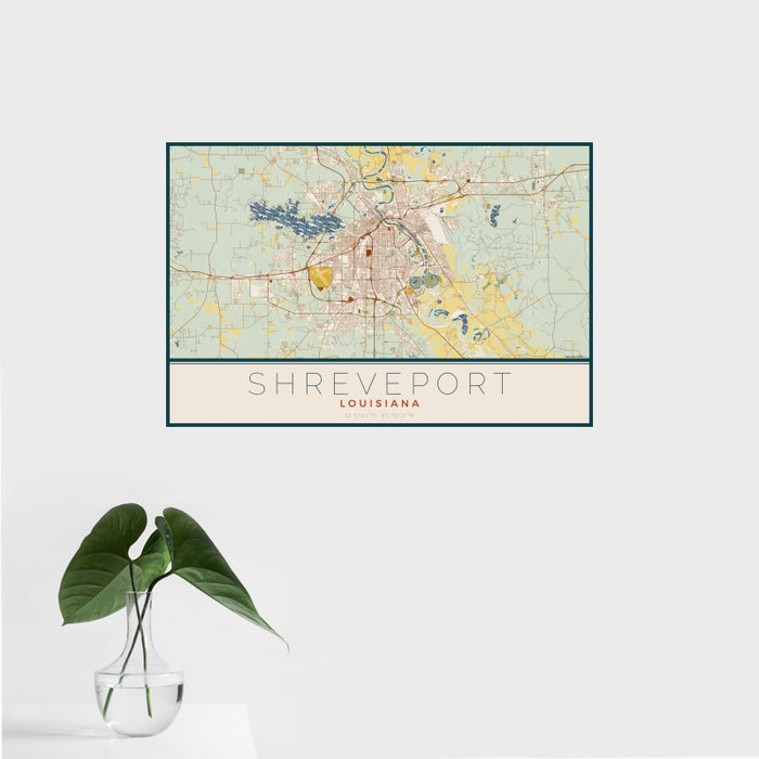 16x24 Shreveport Louisiana Map Print Landscape Orientation in Woodblock Style With Tropical Plant Leaves in Water