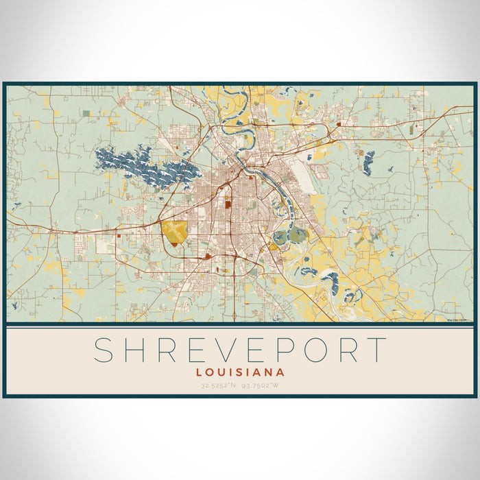 Shreveport Louisiana Map Print Landscape Orientation in Woodblock Style With Shaded Background
