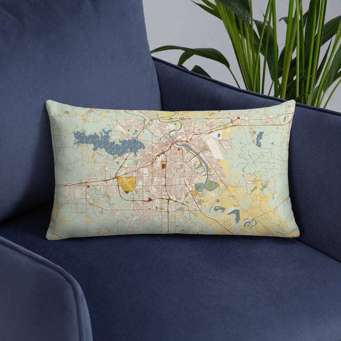 Custom Shreveport Louisiana Map Throw Pillow in Woodblock on Blue Colored Chair