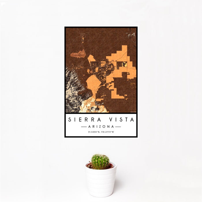12x18 Sierra Vista Arizona Map Print Portrait Orientation in Ember Style With Small Cactus Plant in White Planter