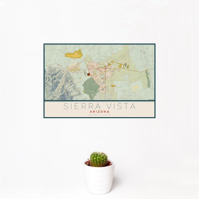 12x18 Sierra Vista Arizona Map Print Landscape Orientation in Woodblock Style With Small Cactus Plant in White Planter