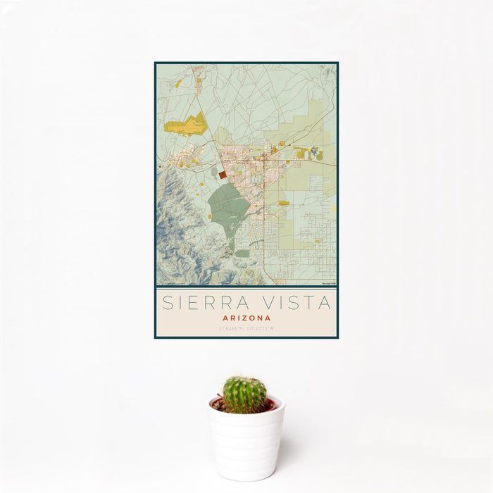 12x18 Sierra Vista Arizona Map Print Portrait Orientation in Woodblock Style With Small Cactus Plant in White Planter