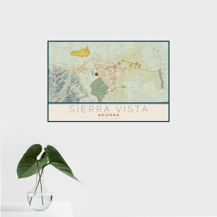 16x24 Sierra Vista Arizona Map Print Landscape Orientation in Woodblock Style With Tropical Plant Leaves in Water