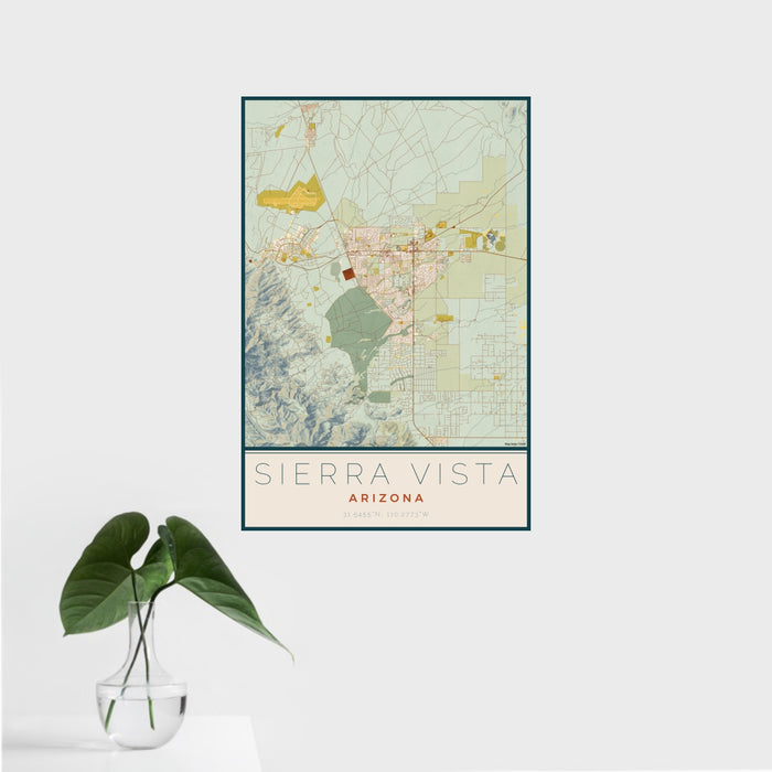 16x24 Sierra Vista Arizona Map Print Portrait Orientation in Woodblock Style With Tropical Plant Leaves in Water