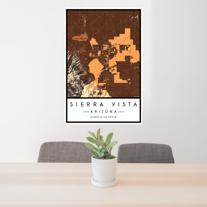24x36 Sierra Vista Arizona Map Print Portrait Orientation in Ember Style Behind 2 Chairs Table and Potted Plant