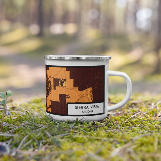Right View Custom Sierra Vista Arizona Map Enamel Mug in Ember on Grass With Trees in Background