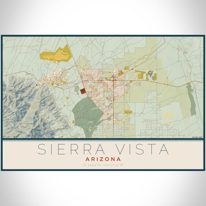 Sierra Vista Arizona Map Print Landscape Orientation in Woodblock Style With Shaded Background