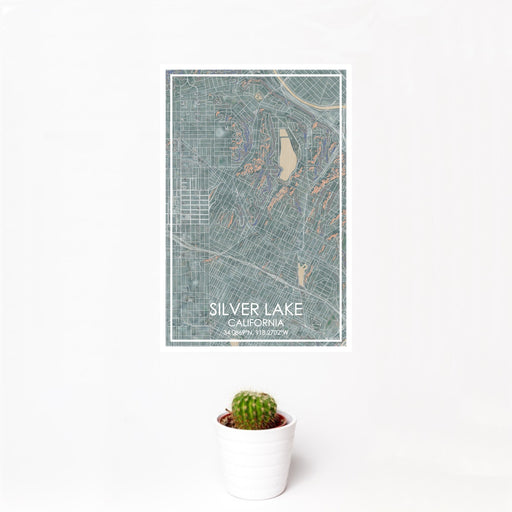 12x18 Silver Lake California Map Print Portrait Orientation in Afternoon Style With Small Cactus Plant in White Planter