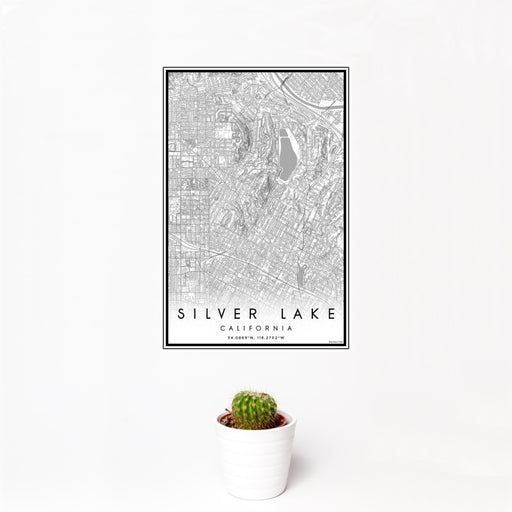 12x18 Silver Lake California Map Print Portrait Orientation in Classic Style With Small Cactus Plant in White Planter