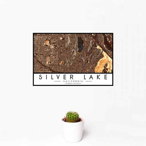 12x18 Silver Lake California Map Print Landscape Orientation in Ember Style With Small Cactus Plant in White Planter