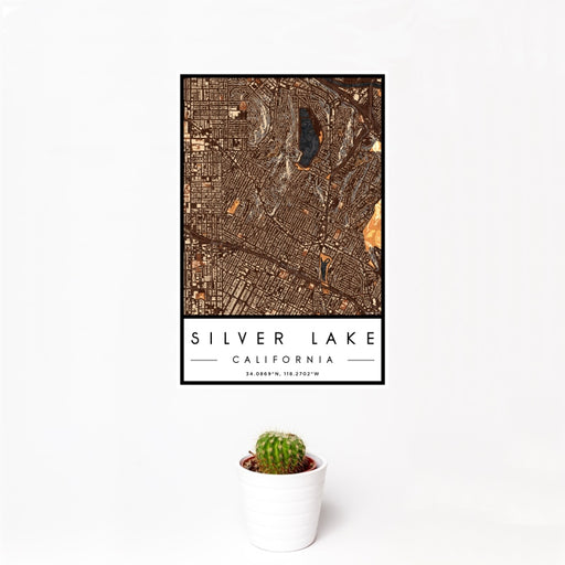 12x18 Silver Lake California Map Print Portrait Orientation in Ember Style With Small Cactus Plant in White Planter
