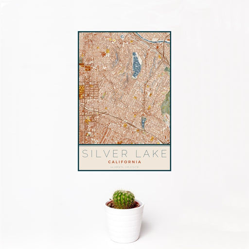 12x18 Silver Lake California Map Print Portrait Orientation in Woodblock Style With Small Cactus Plant in White Planter