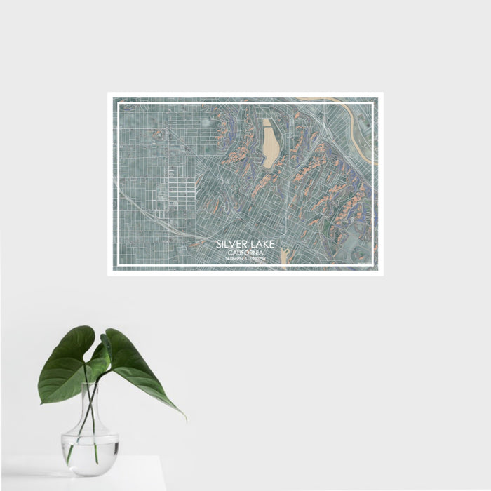 16x24 Silver Lake California Map Print Landscape Orientation in Afternoon Style With Tropical Plant Leaves in Water