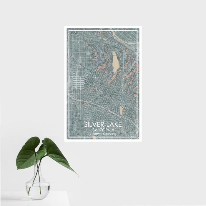16x24 Silver Lake California Map Print Portrait Orientation in Afternoon Style With Tropical Plant Leaves in Water