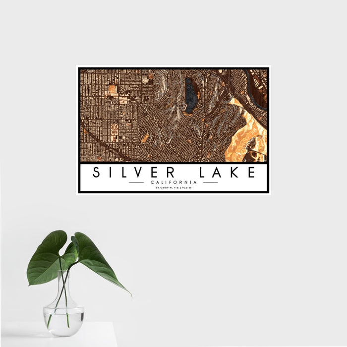 16x24 Silver Lake California Map Print Landscape Orientation in Ember Style With Tropical Plant Leaves in Water